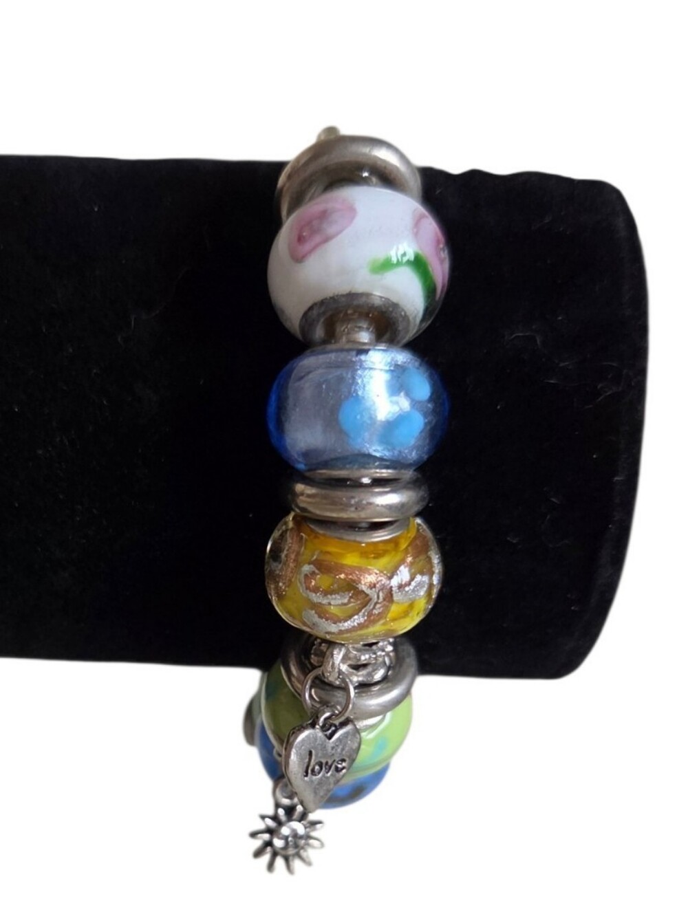 vintage style lampwork art glass bead snake chain charm bracelet joy love